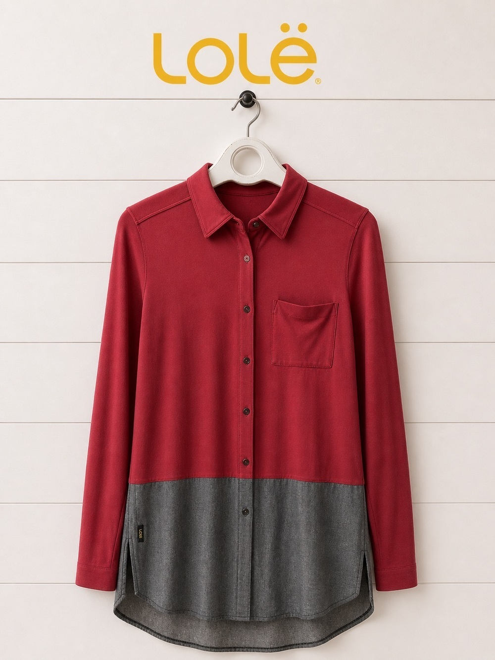 Lolë Two-Tone Button-Up Tunic – Red & Blue Denim, Size M